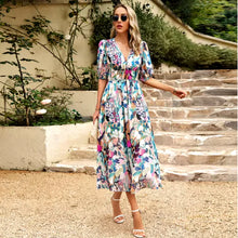 Load image into Gallery viewer, New V-neck Printed Short-sleeved Long Dress Summer Fashion Slim Seaside Vacation Beach Dresses For Women Clothing
