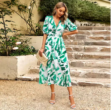 Load image into Gallery viewer, New V-neck Printed Short-sleeved Long Dress Summer Fashion Slim Seaside Vacation Beach Dresses For Women Clothing