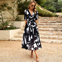 Load image into Gallery viewer, New V-neck Printed Short-sleeved Long Dress Summer Fashion Slim Seaside Vacation Beach Dresses For Women Clothing