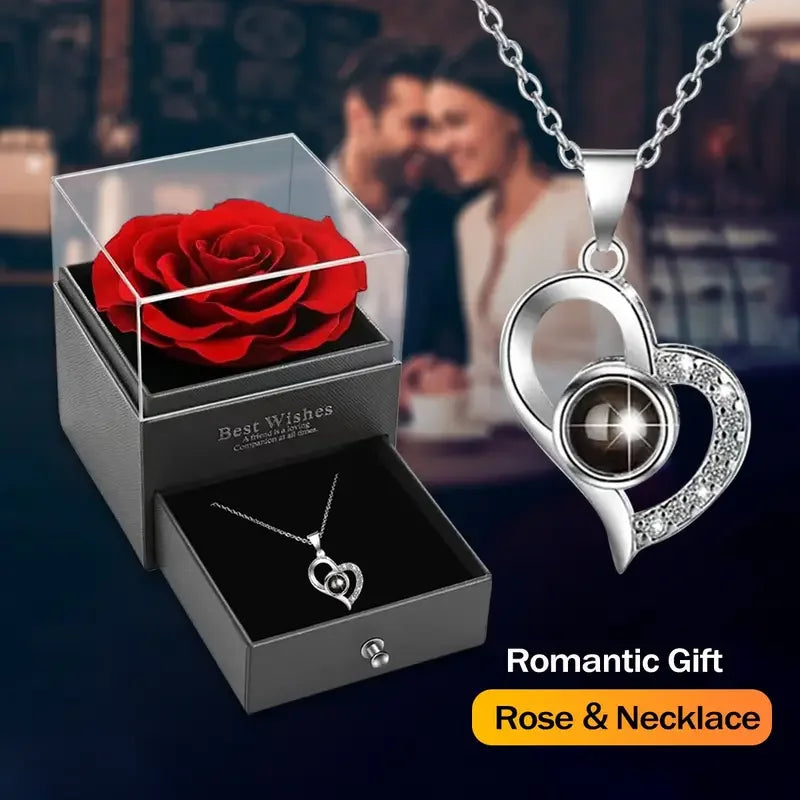 1 Set Artificial Flower Gift Box with I Love You Necklace - Christmas, Valentines Day, Mothers Day,  Anniversary, Birthday Gifts