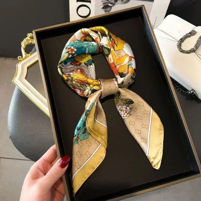 2025 NEW Hijab Head Girl Luxury Silk Square Plaid Scarf Women Satin Neck Hair Tie Band Soft Work Neckerchife