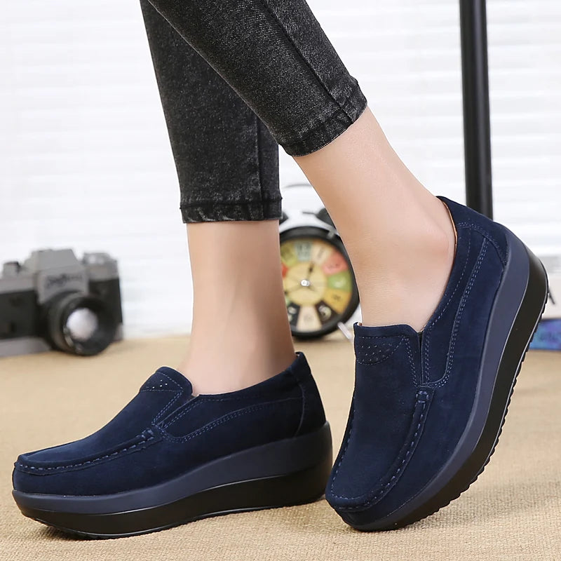 Women Loafers Suede Leather New Thick Sole Footwear Platform Flat Shoes for Women Comfort Wedge Moccasins Slip on Casual Shoes
