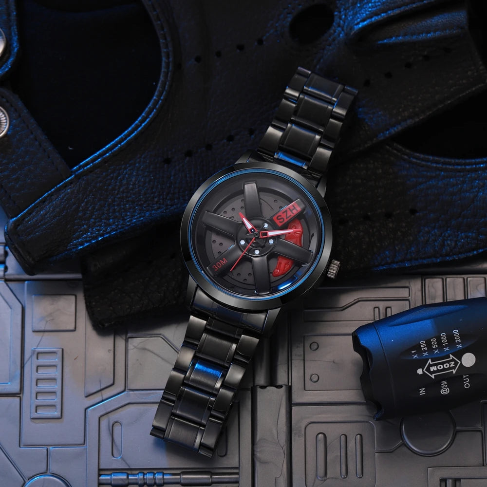 Fashion Rotating Wheels Style Men Watch Top Brand Race Car Design Steel Strap Quartz Watches For Man Gifts