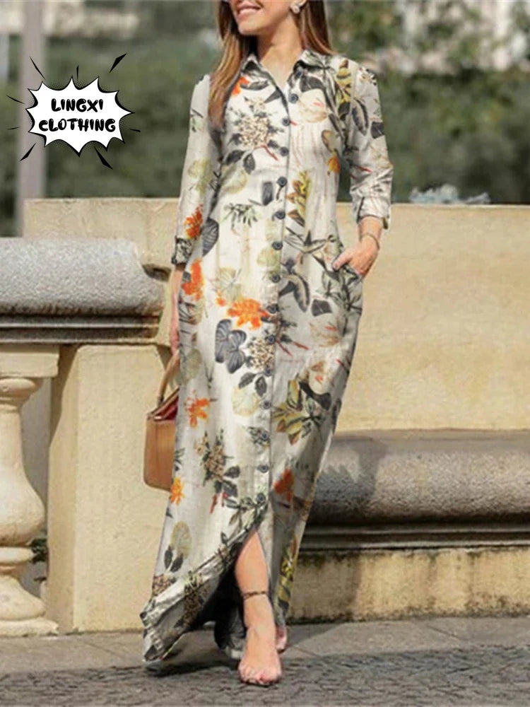 Fashion Summer Dresses 2024 New Women's Printed Elegant Robe Flip Collar Single Breasted Elegant Commuter Long Dress
