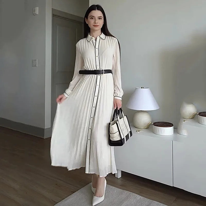 Women Fashion with Belt Pleated Dresses Elegant Chic Turn Down Collar Long Dress Long Sleeve Single Breasted White Chiffon Dress