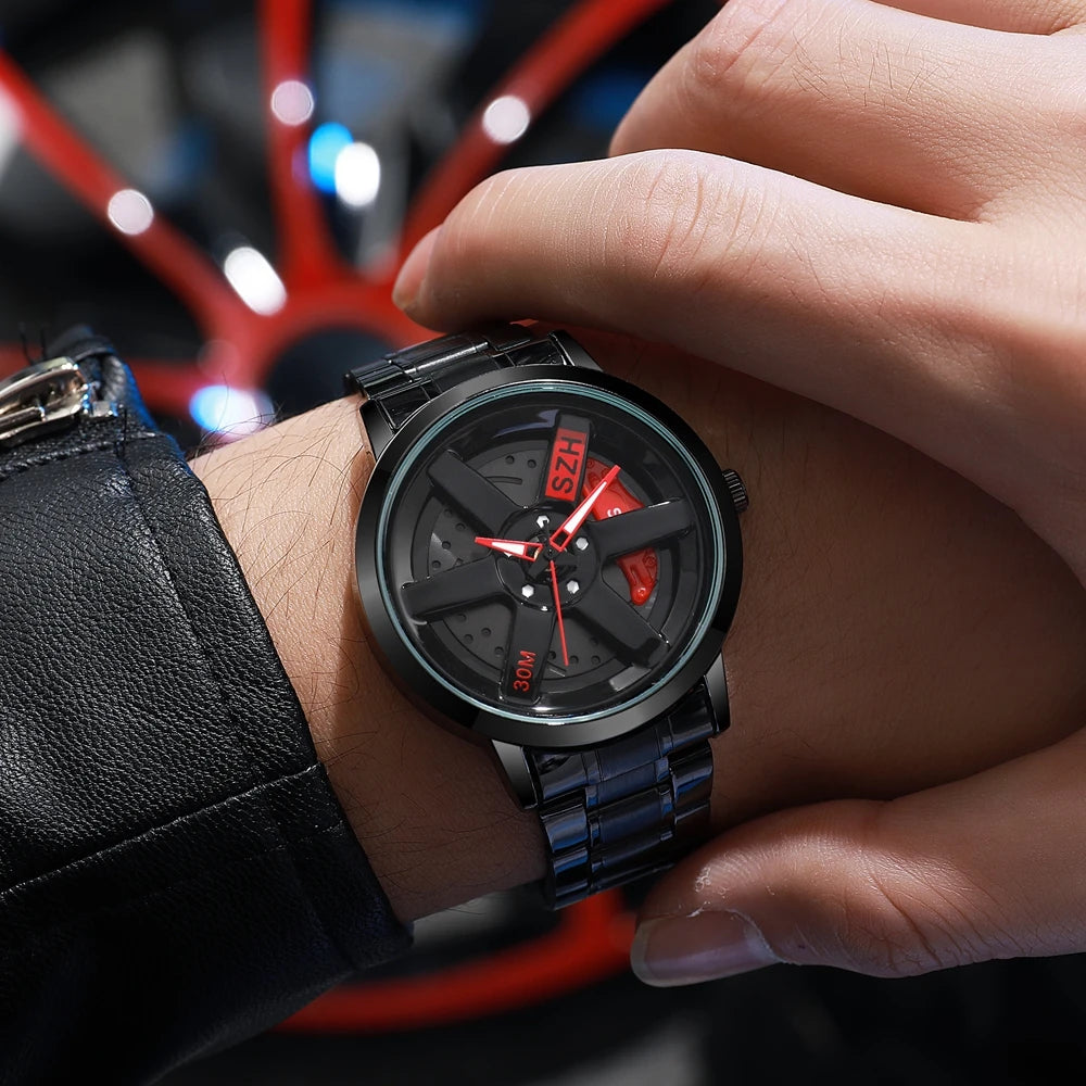 Fashion Rotating Wheels Style Men Watch Top Brand Race Car Design Steel Strap Quartz Watches For Man Gifts