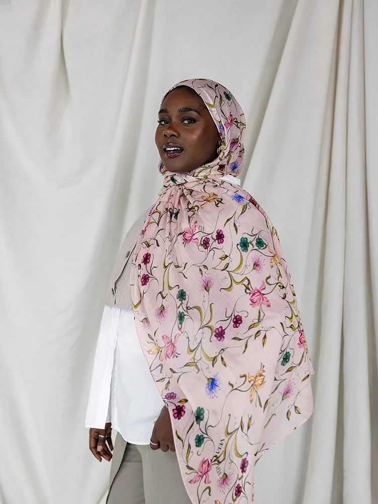 Ramadan Hijab for Women Bohemian Floral Print Shawl Watercolor Soft Muslim Hijabs Lightweight Wrap Scarf Headscarf Summer Beach