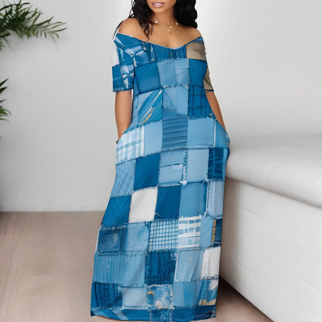 Women's Fashion  Printed Short Sleeve Long Dress Sexy Off Shoulder Backless Bodycon Split Cocktail Party Dress ﻿