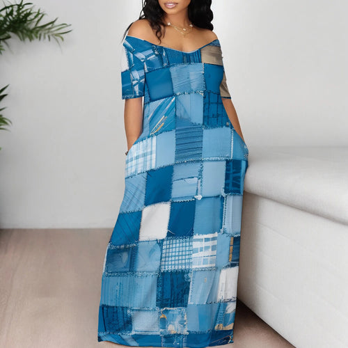 Women's Fashion  Printed Short Sleeve Long Dress Sexy Off Shoulder Backless Bodycon Split Cocktail Party Dress ﻿