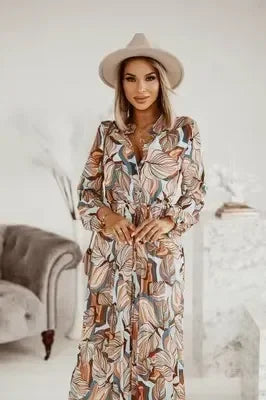 Women's New Fashion  V-neck Long Sleeve Long Party Dress Ladies Personality Print Pleated Dress Women Casual A-line Dress