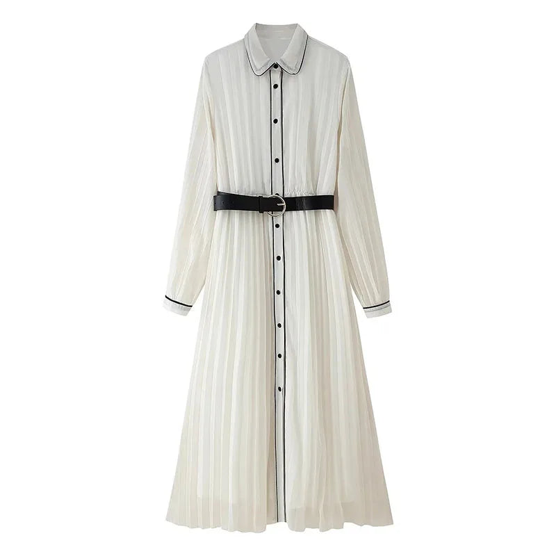 Women Fashion with Belt Pleated Dresses Elegant Chic Turn Down Collar Long Dress Long Sleeve Single Breasted White Chiffon Dress
