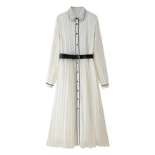 Load image into Gallery viewer, Women Fashion with Belt Pleated Dresses Elegant Chic Turn Down Collar Long Dress Long Sleeve Single Breasted White Chiffon Dress