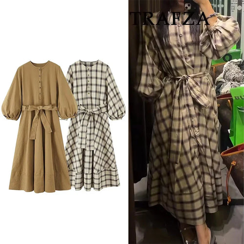 2025 New Women Fashion  Dress Women Plaid printed Long Dresses With Belt Chic Dresses Women Summer Dress
