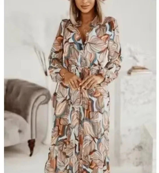 Women's New Fashion  V-neck Long Sleeve Long Party Dress Ladies Personality Print Pleated Dress Women Casual A-line Dress