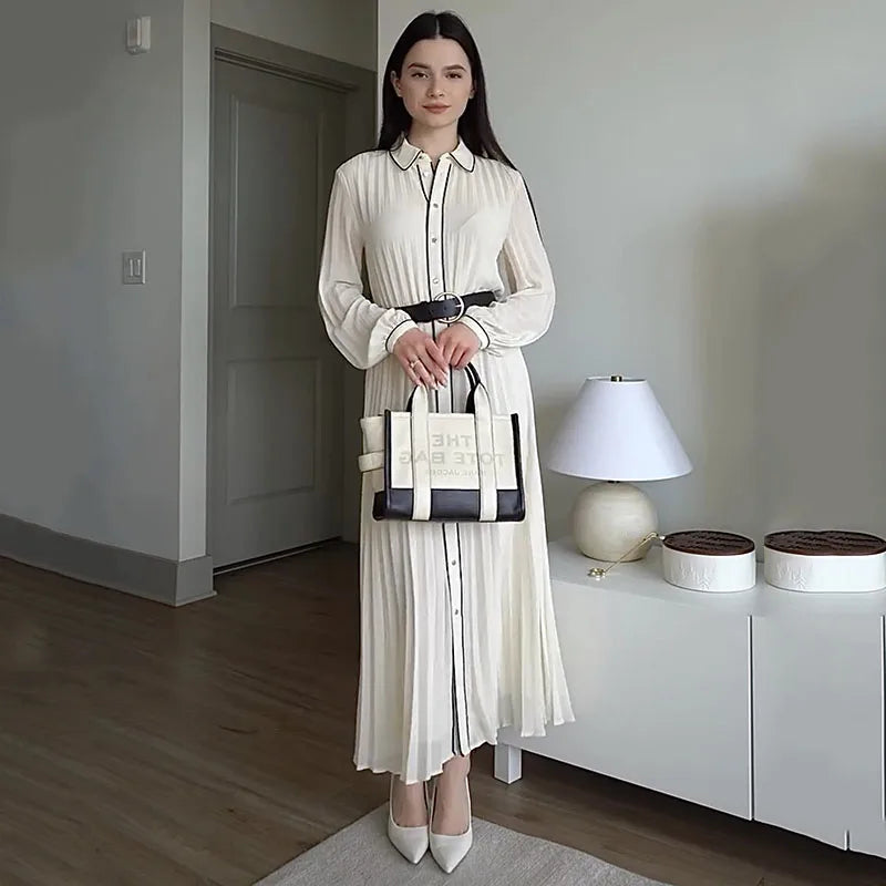 Women Fashion with Belt Pleated Dresses Elegant Chic Turn Down Collar Long Dress Long Sleeve Single Breasted White Chiffon Dress