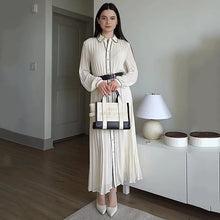 Load image into Gallery viewer, Women Fashion with Belt Pleated Dresses Elegant Chic Turn Down Collar Long Dress Long Sleeve Single Breasted White Chiffon Dress