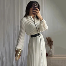 Load image into Gallery viewer, Women Fashion with Belt Pleated Dresses Elegant Chic Turn Down Collar Long Dress Long Sleeve Single Breasted White Chiffon Dress