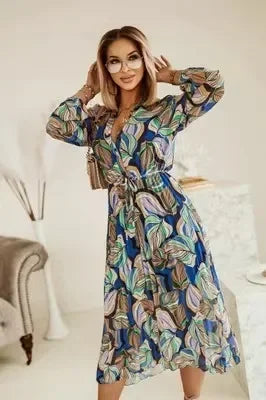 Women's New Fashion  V-neck Long Sleeve Long Party Dress Ladies Personality Print Pleated Dress Women Casual A-line Dress