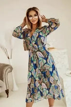 Load image into Gallery viewer, Women&#39;s New Fashion  V-neck Long Sleeve Long Party Dress Ladies Personality Print Pleated Dress Women Casual A-line Dress
