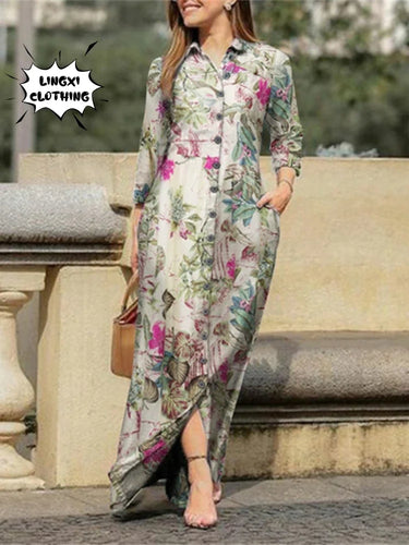 Fashion Summer Dresses 2024 New Women's Printed Elegant Robe Flip Collar Single Breasted Elegant Commuter Long Dress