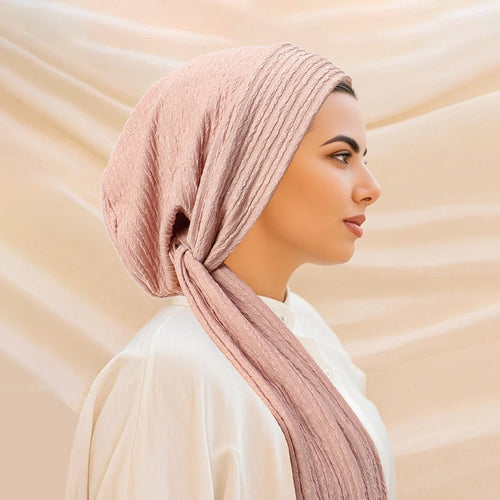 Women Muslim Hijab Pre-Tied Hat Headscarf Wrinkle Long Tail Chemo Cap Bandage Bonnet Head Wrap Bandanas Headband Turbante Mujer