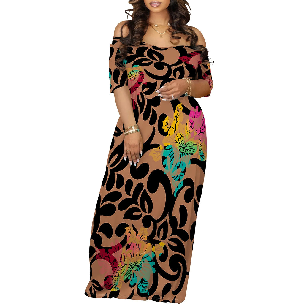 Women's Fashion  Printed Short Sleeve Long Dress Sexy Off Shoulder Backless Bodycon Split Cocktail Party Dress ﻿
