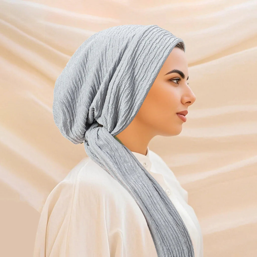 Women Muslim Hijab Pre-Tied Hat Headscarf Wrinkle Long Tail Chemo Cap Bandage Bonnet Head Wrap Bandanas Headband Turbante Mujer