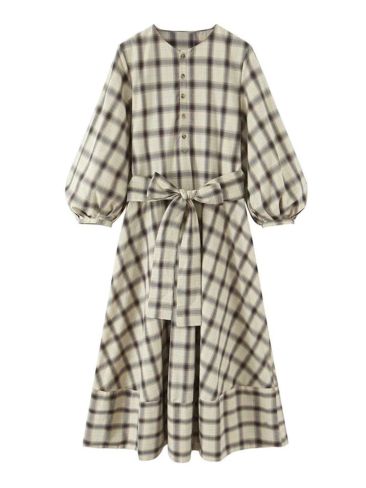 2025 New Women Fashion  Dress Women Plaid printed Long Dresses With Belt Chic Dresses Women Summer Dress