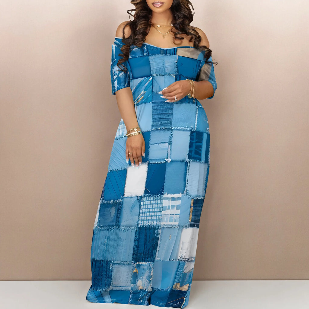 Women's Fashion  Printed Short Sleeve Long Dress Sexy Off Shoulder Backless Bodycon Split Cocktail Party Dress ﻿