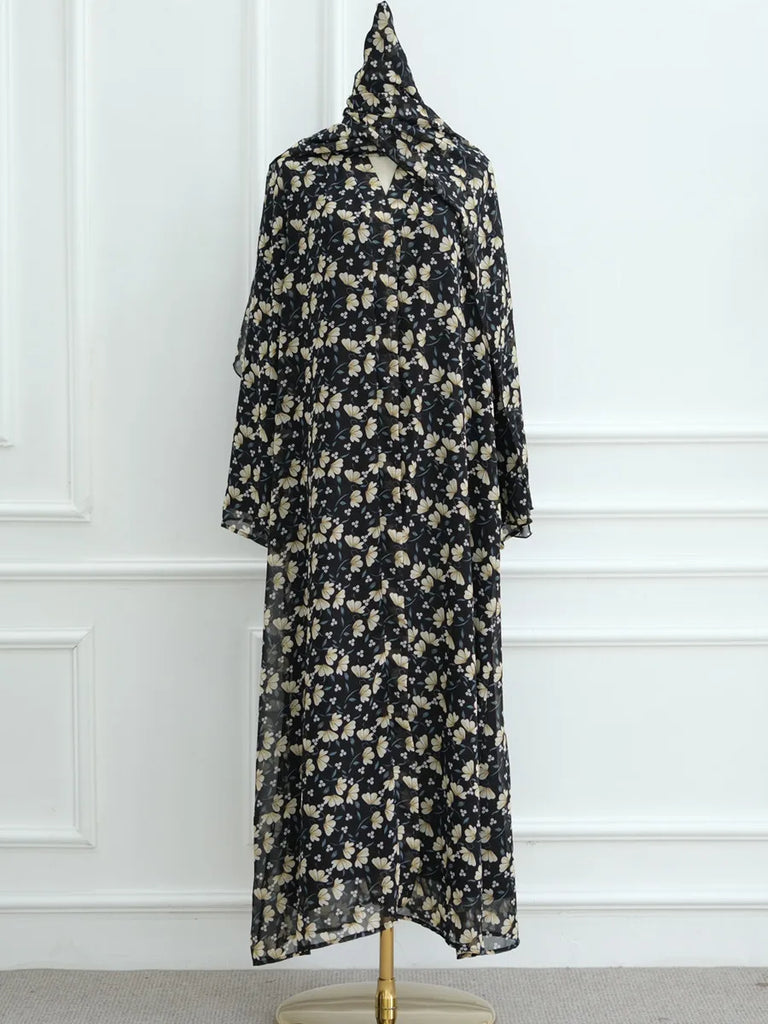 Muslim Women Dubai Abaya luxury Double layered chiffon Print Hijab Dress Kaftan Ramadan Robe Femme Islam african dresses Kebaya