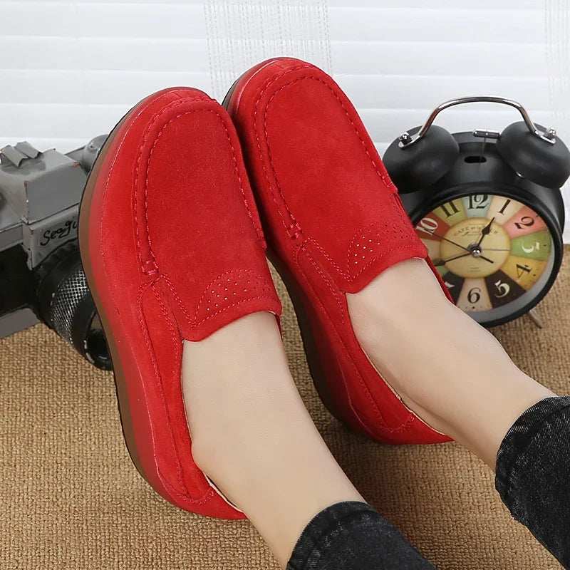 Women Loafers Suede Leather New Thick Sole Footwear Platform Flat Shoes for Women Comfort Wedge Moccasins Slip on Casual Shoes