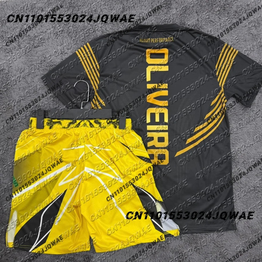 Charles Oliveira UFC Yellow Edition Boxing Fighting Tee Shorts Men Breathable Jersey Wrestling Running Sweat Absorbing Set
