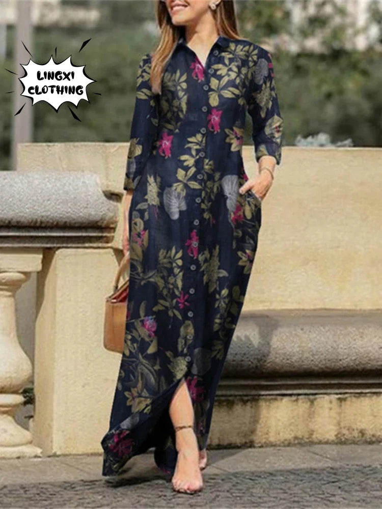 Fashion Summer Dresses 2024 New Women's Printed Elegant Robe Flip Collar Single Breasted Elegant Commuter Long Dress