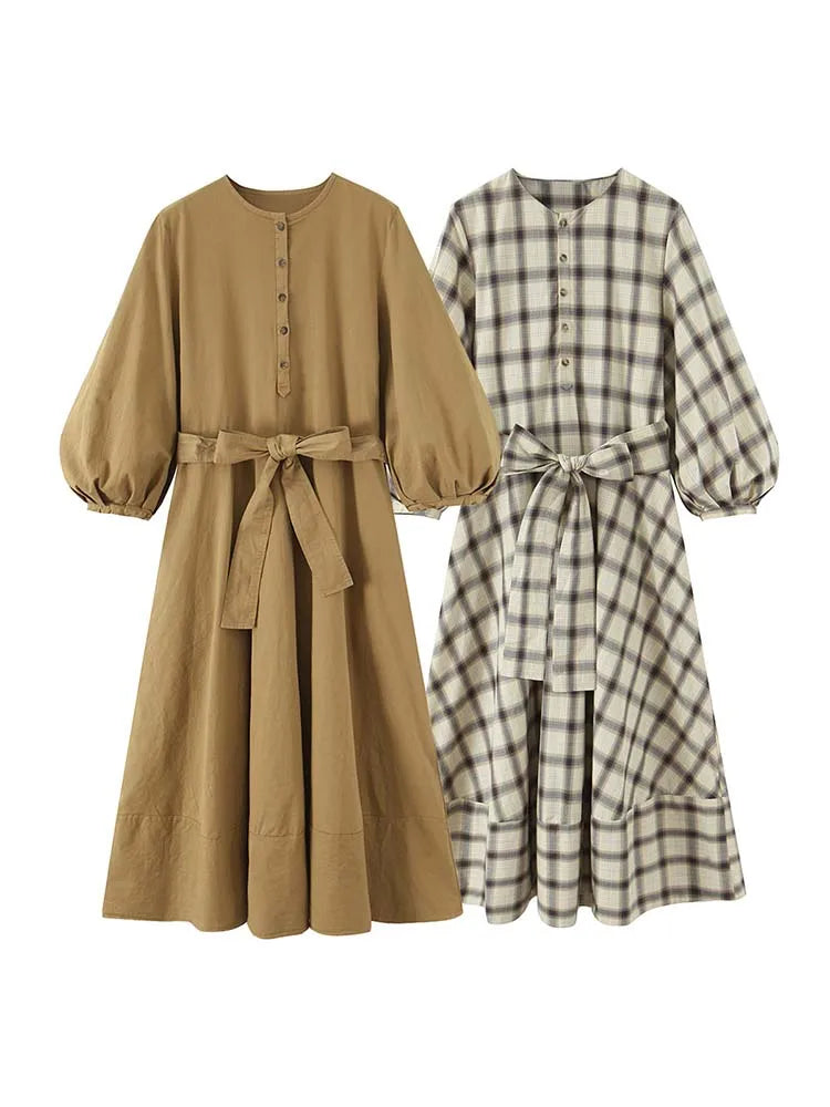 2025 New Women Fashion  Dress Women Plaid printed Long Dresses With Belt Chic Dresses Women Summer Dress