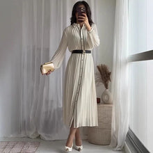 Load image into Gallery viewer, Women Fashion with Belt Pleated Dresses Elegant Chic Turn Down Collar Long Dress Long Sleeve Single Breasted White Chiffon Dress