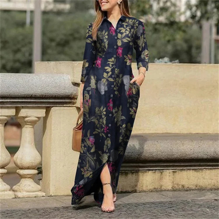 Fashion Summer Dresses 2024 New Women's Printed Elegant Robe Flip Collar Single Breasted Elegant Commuter Long Dress