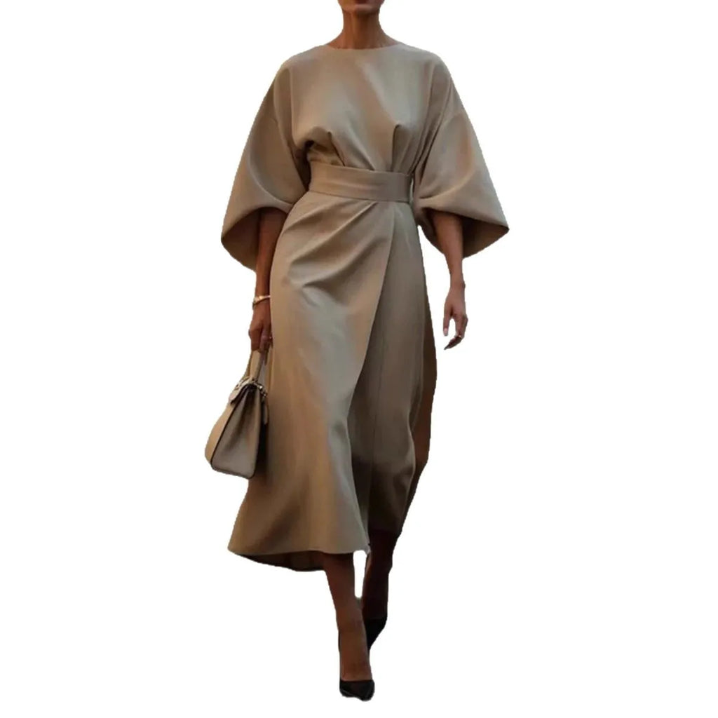 2025 Women's Fashion Temperament Elegant Solid Color Waist Dress Casual Bat Sleeve Long Skirt Vestidos De Mujer