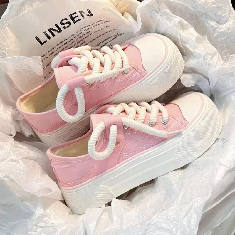 Woman Footwear Round Toe High On Platform Pink Shoes For Women Canvas Black Cute Summer 2025 Daily Routine Spring Ladies Shoes