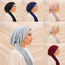 Load image into Gallery viewer, Women Muslim Hijab Pre-Tied Hat Headscarf Wrinkle Long Tail Chemo Cap Bandage Bonnet Head Wrap Bandanas Headband Turbante Mujer