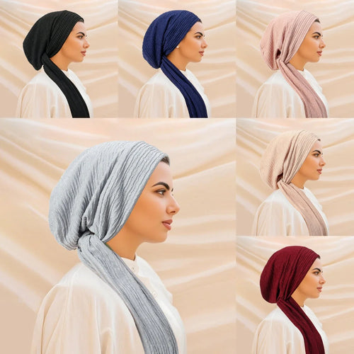 Women Muslim Hijab Pre-Tied Hat Headscarf Wrinkle Long Tail Chemo Cap Bandage Bonnet Head Wrap Bandanas Headband Turbante Mujer