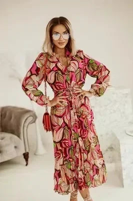 Women's New Fashion  V-neck Long Sleeve Long Party Dress Ladies Personality Print Pleated Dress Women Casual A-line Dress