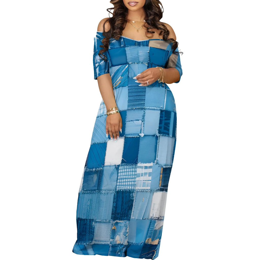 Women's Fashion  Printed Short Sleeve Long Dress Sexy Off Shoulder Backless Bodycon Split Cocktail Party Dress ﻿