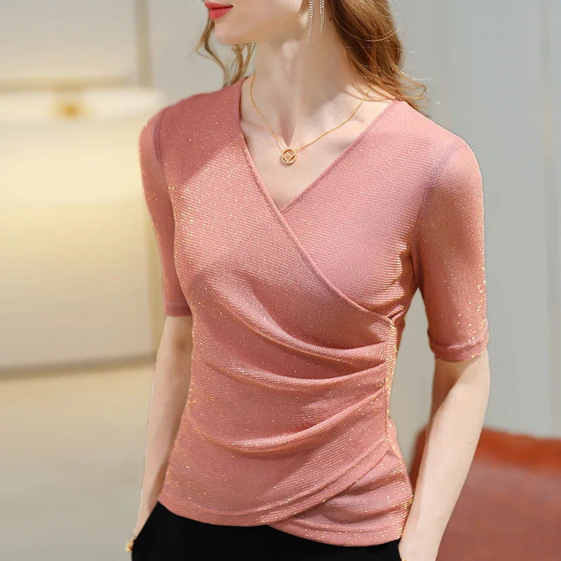 Women's Clothing 2022 Latest Fashion Blouses Elegant Summer T Shirt Free Shiping Elastic Glitter Blouses or Tops for Woman