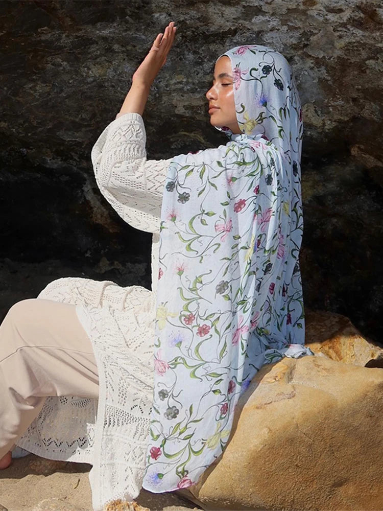 Ramadan Hijab for Women Bohemian Floral Print Shawl Watercolor Soft Muslim Hijabs Lightweight Wrap Scarf Headscarf Summer Beach