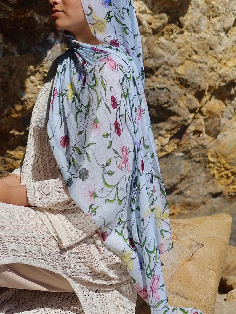 Ramadan Hijab for Women Bohemian Floral Print Shawl Watercolor Soft Muslim Hijabs Lightweight Wrap Scarf Headscarf Summer Beach