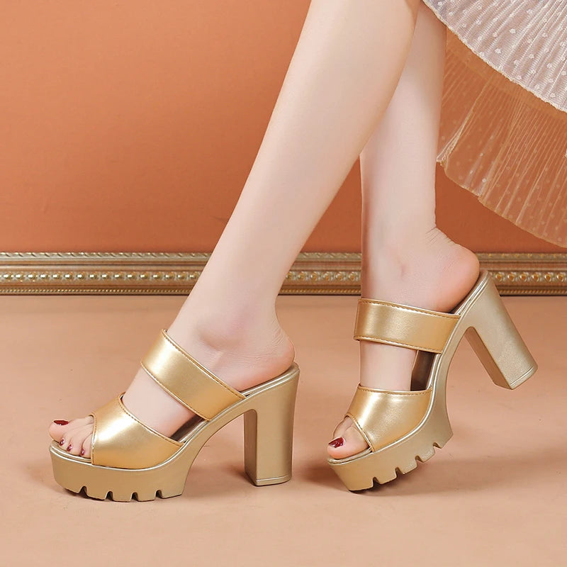 Women's Comfortable High-Heeled Slippers Outdoor Wear Thick Heel Waterproof Platform Fishmouth Sandals Casual Chic Footwear