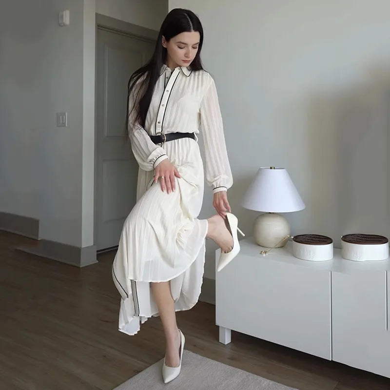 Women Fashion with Belt Pleated Dresses Elegant Chic Turn Down Collar Long Dress Long Sleeve Single Breasted White Chiffon Dress