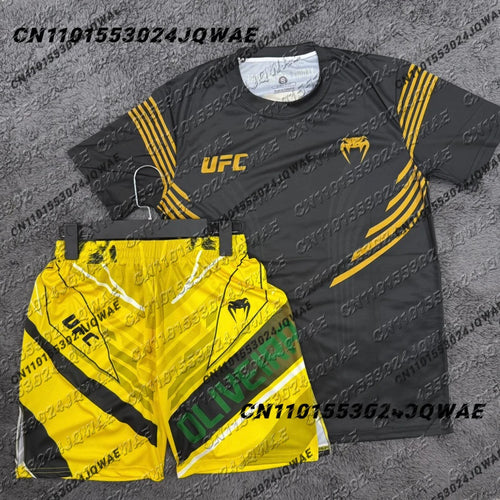 Charles Oliveira UFC Yellow Edition Boxing Fighting Tee Shorts Men Breathable Jersey Wrestling Running Sweat Absorbing Set
