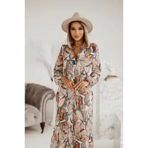 Women's New Fashion  V-neck Long Sleeve Long Party Dress Ladies Personality Print Pleated Dress Women Casual A-line Dress