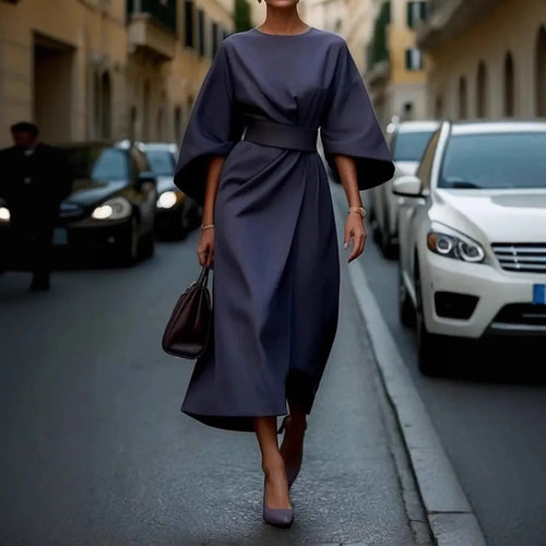 2025 Women's Fashion Temperament Elegant Solid Color Waist Dress Casual Bat Sleeve Long Skirt Vestidos De Mujer